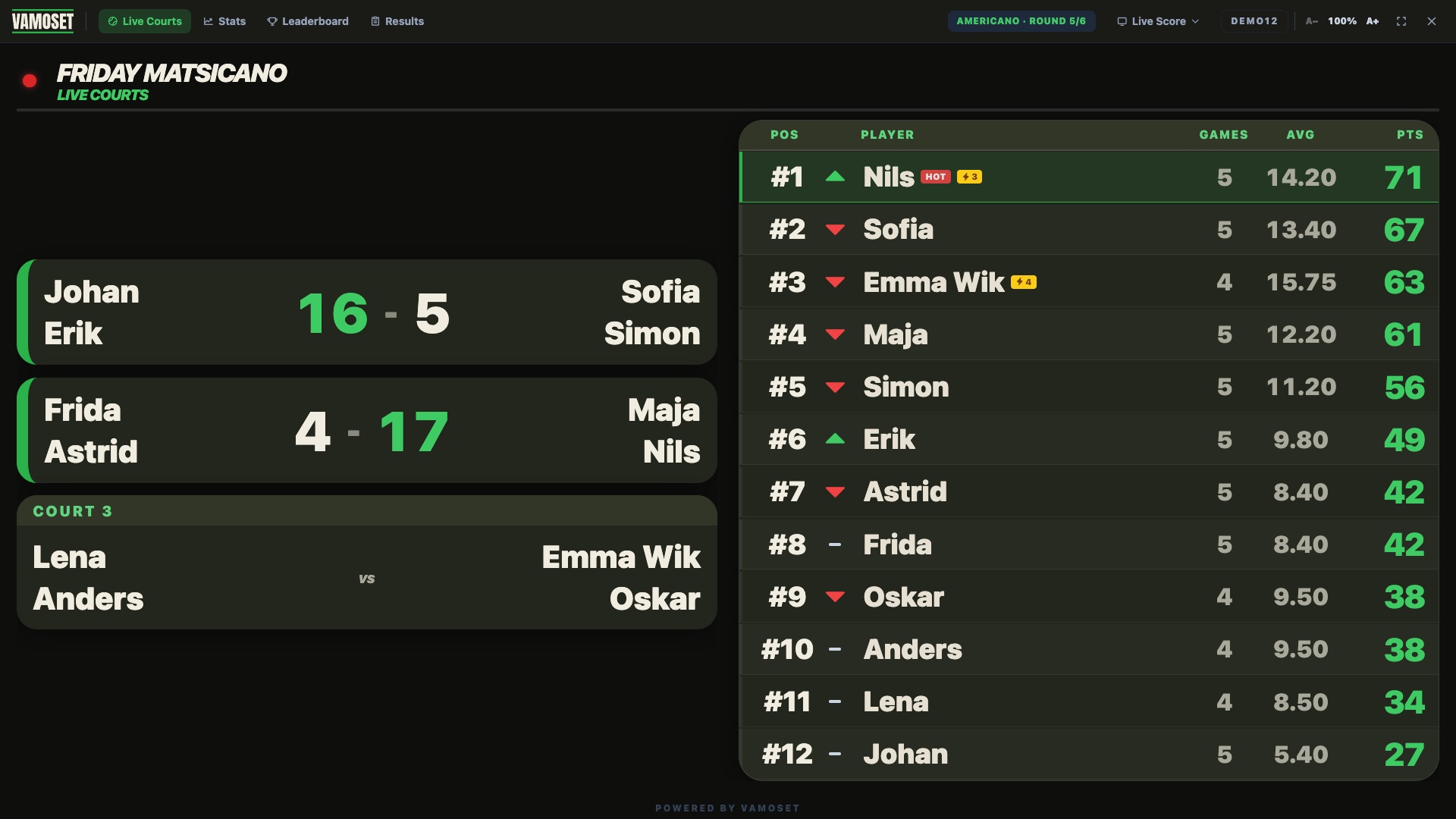 The Vamoset Display Hub on a club TV: live courts and standings