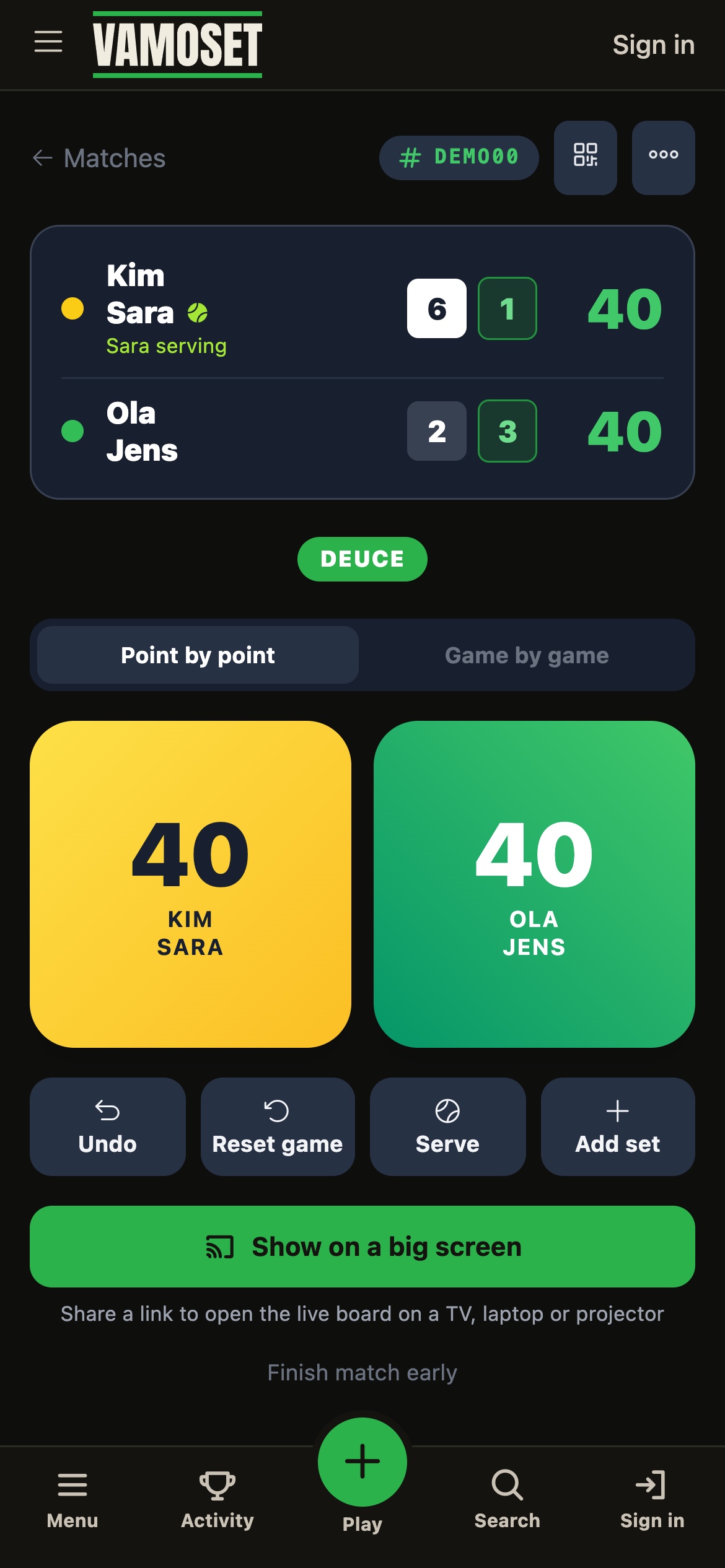 Scoring a match live on the Vamoset app